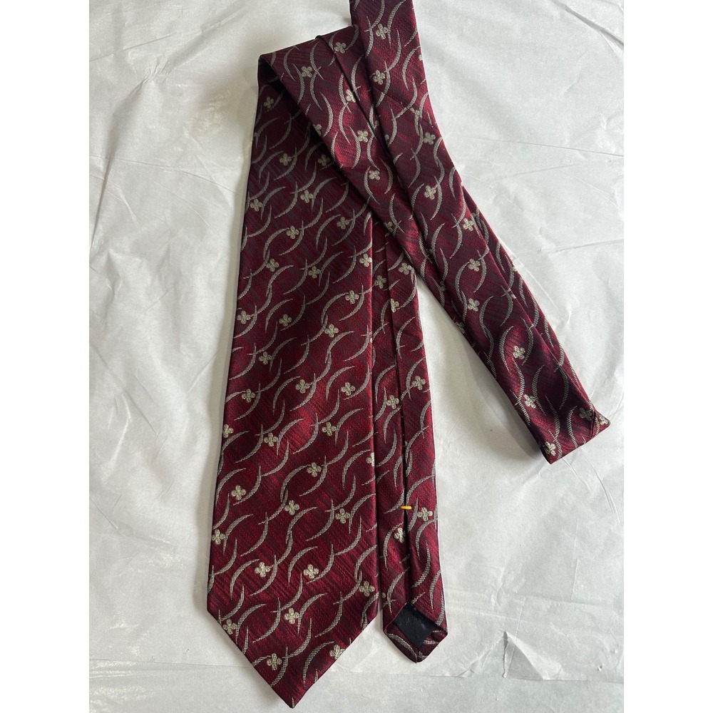 XMI Platinum Mens Silk Tie Burgundy Red Silver Gold Geometric Floral Woven Silk